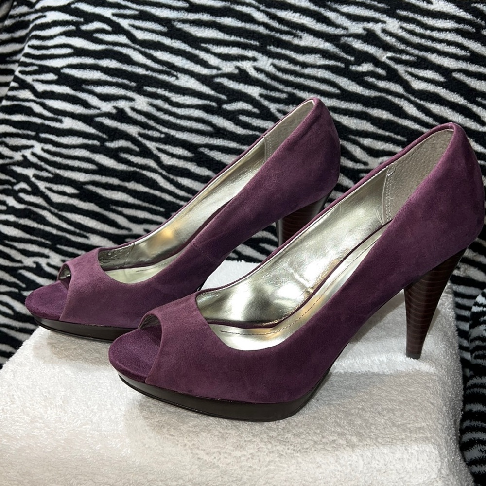 Style & Co Purple Peep Toe Leather Platform Heels Size 8 - Picture 1 of 13